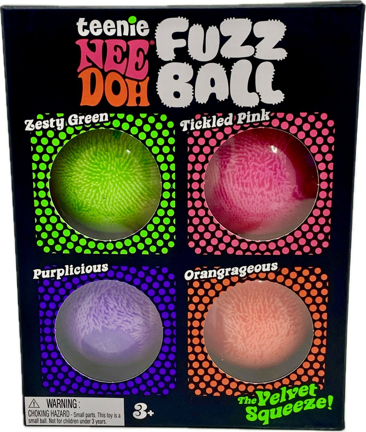 Needoh Tennie Fuzz Balls Multi Pack showing colorful fuzzy pet toys for cats and small animals.