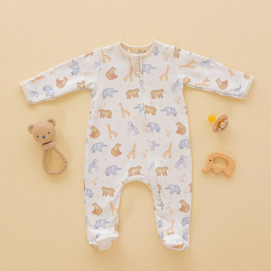 Luna + Arlo Safari Zip Footie for babies, soft fabric with zipper closure, featuring a safari animal print and hooded design.