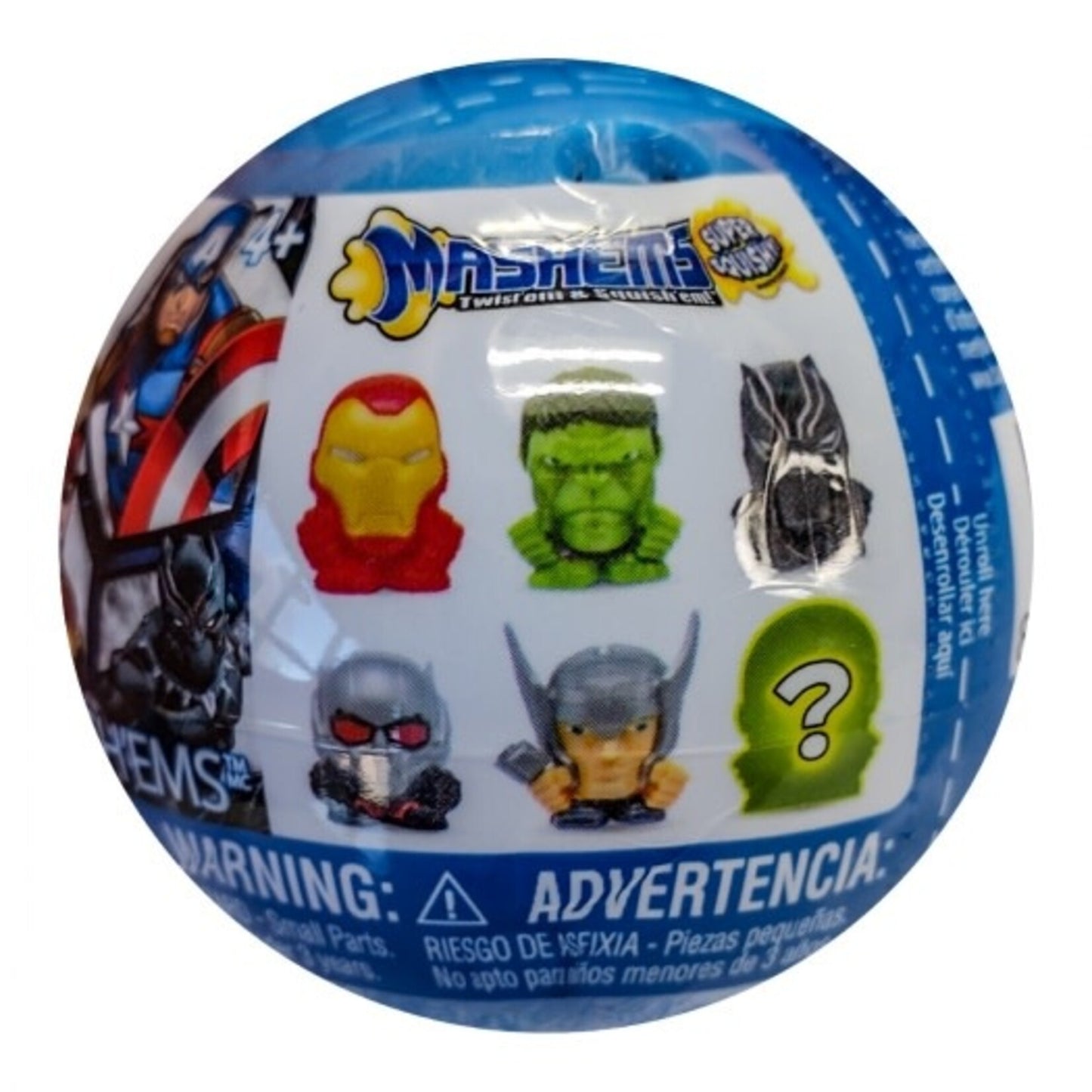 Marvel Avengers Mash'ems collectible mystery figure by Schylling, featuring a surprise superhero character in a small, squeezable toy.