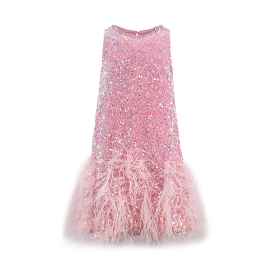 Sequin feather pretty dress by Lola and The Boys featuring shiny sequins and feather details on a stylish girls' dress.