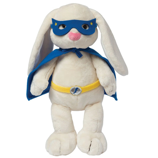 Cute Superhero Bunny plush toy by Manhattan Toy, featuring a colorful cape and mask, perfect for kids' imaginative play.