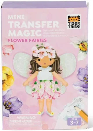 Flower Fairies Mini Transfer Magic by Tiger Tribe featuring colorful fairy and flower designs on a sheet of transfer art.