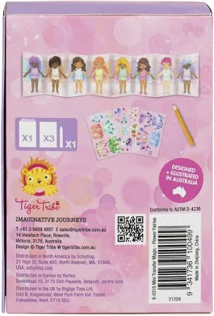 Mini Flower Fairies Transfer Magic set by Tiger Tribe featuring colorful fairy and floral designs on transfer sheets.
