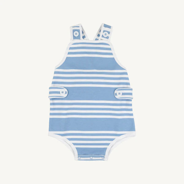 White Saddle Ridge Stripe Skipper Sunsuit by The Beaufort Bonnet Company featuring blue and white striped design with nautical accents.