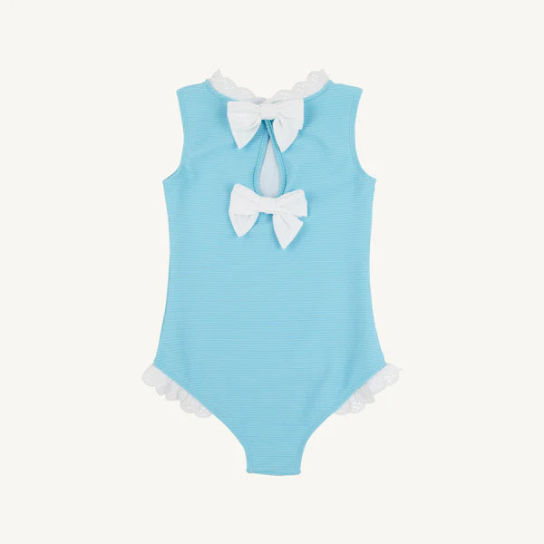 Sleeveless Sarasota surf suit by The Beaufort Bonnet Company in Belhaven Blue with Worth Avenue White eyelet detailing, back view.