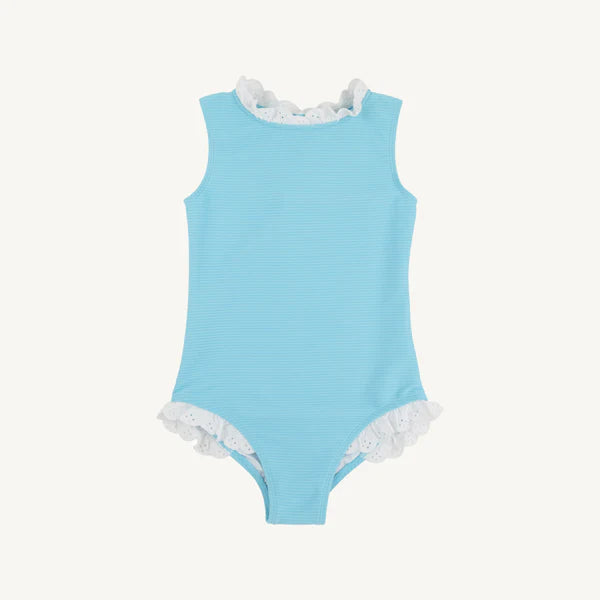 Sleeveless Sarasota surf suit in Belhaven Blue with Worth Avenue White eyelet detail, by The Beaufort Bonnet Company.