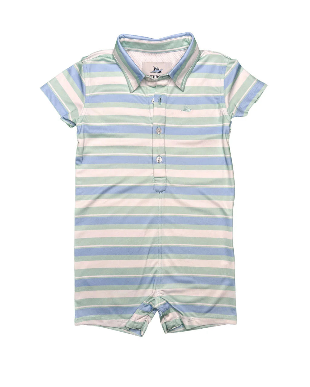 Blue Bell and Dusty Aqua SouthBound performance polo romper displayed flat with vibrant colors and a casual fit.
