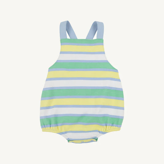 White and blue Samford Stripe Stillman Sunsuit for babies by The Beaufort Bonnet Company, featuring a classic stripe pattern.