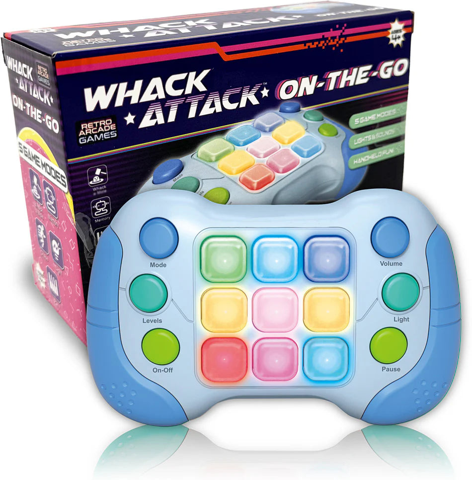 Thin Air Games Whack Attack On-the-Go game with colorful plastic mallet and target on a wooden surface.