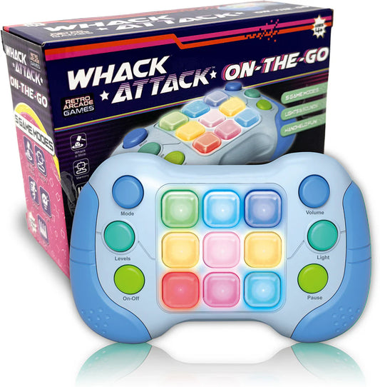 Thin Air Games Whack Attack On-the-Go game with colorful plastic mallet and target on a wooden surface.