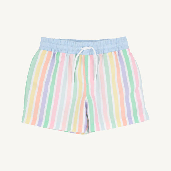 Southampton Stripe and Worth Ave white Tortola swim trunks by The Beaufort Bonnet Company, featuring a stylish striped design and comfortable fit.