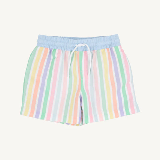 White Tortola swim trunks with Southampton stripe and Worth Ave details from The Beaufort Bonnet Company, shown on a mannequin.