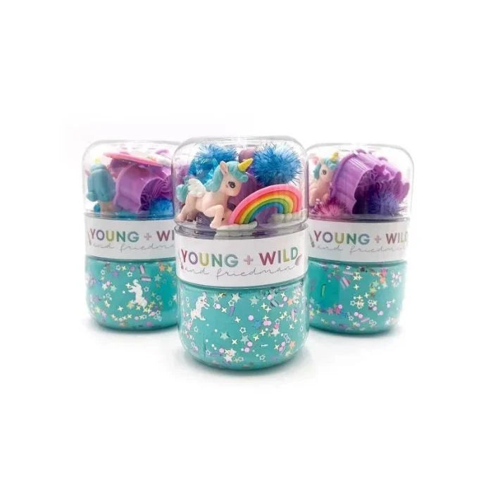 Young Wild and Friedman Unicorn Grab & Go Dough Jar with colorful unicorn design for kids' play and creative fun.