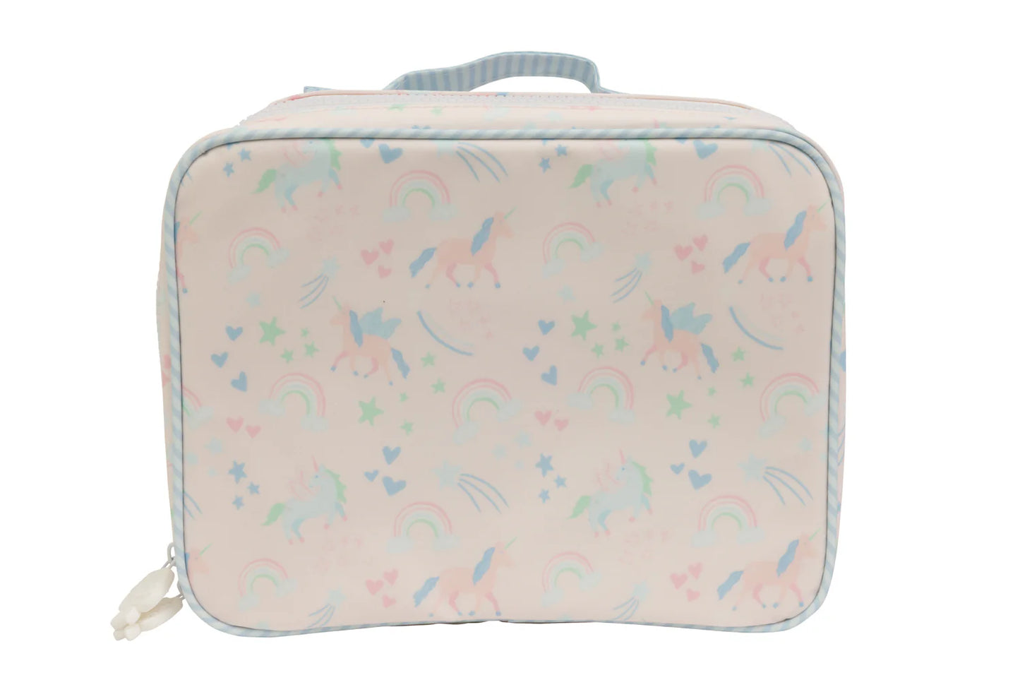 Colorful unicorn-themed lunchbox by Apple of My Isla with vibrant unicorn illustration on a flat, rectangular container for kids.