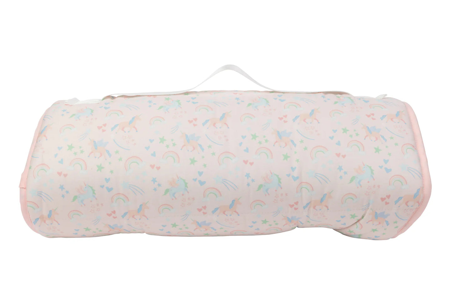 Apple of My Isla unicorn-themed nap mat featuring colorful unicorn illustrations on a soft, plush fabric for children.