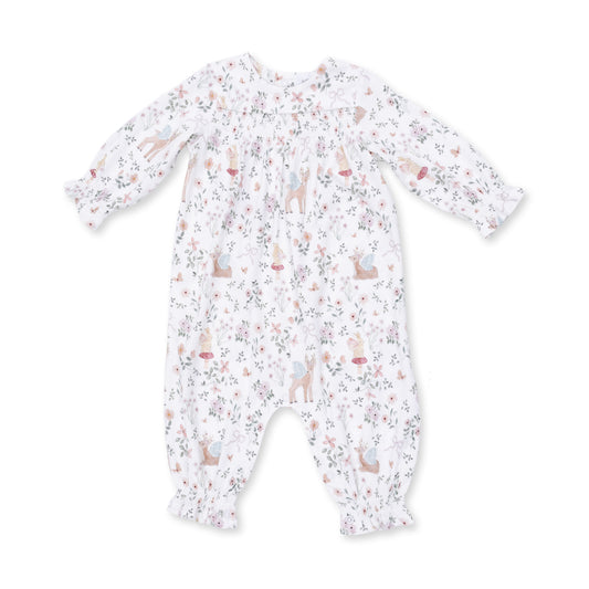 Angel Dear enchanted woodland smocked long sleeve romper for babies, featuring woodland-themed print and comfortable long sleeves.
