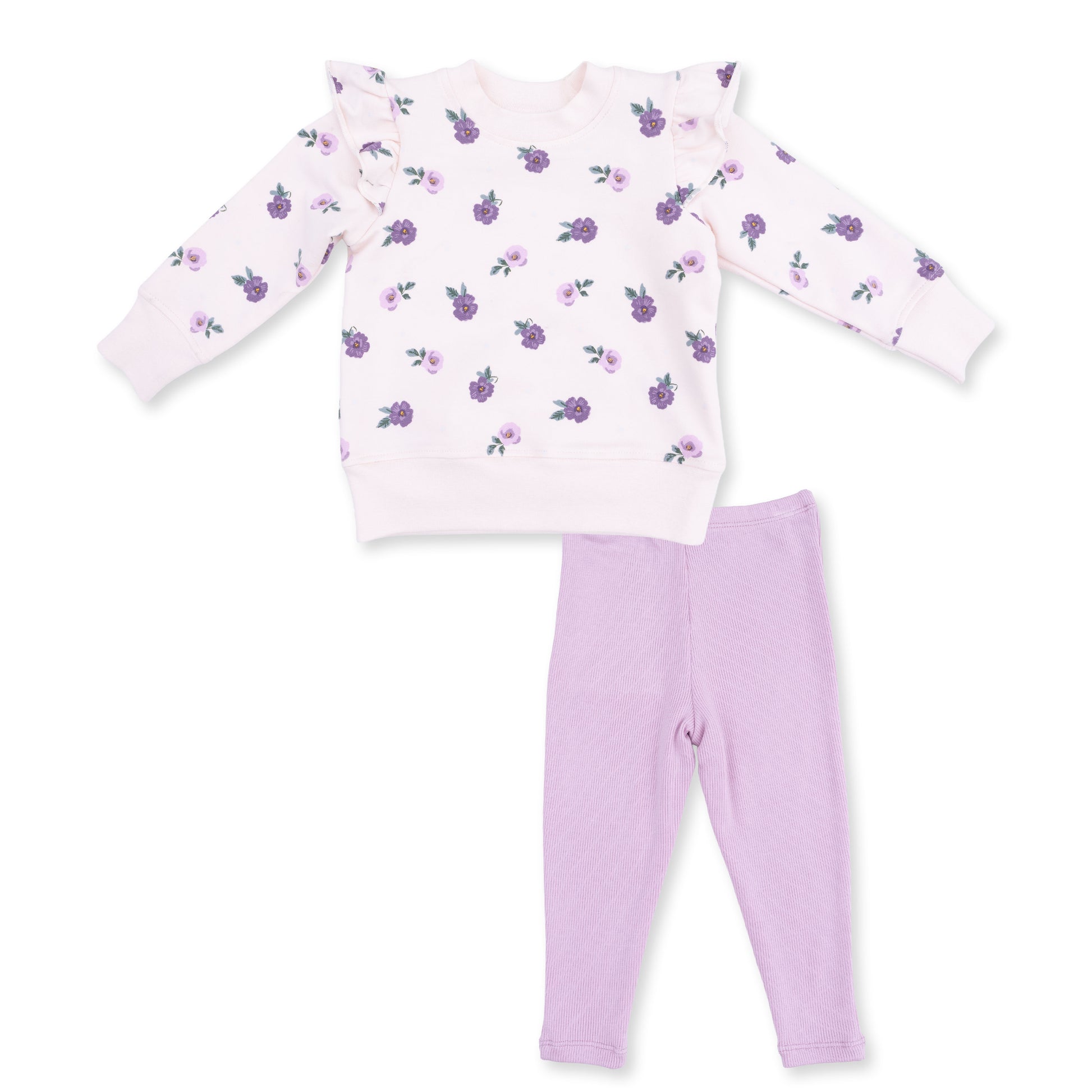 Angel Dear Violetta Floral Ruffle Set featuring a colorful floral print and ruffled details for a cute, stylish baby outfit.