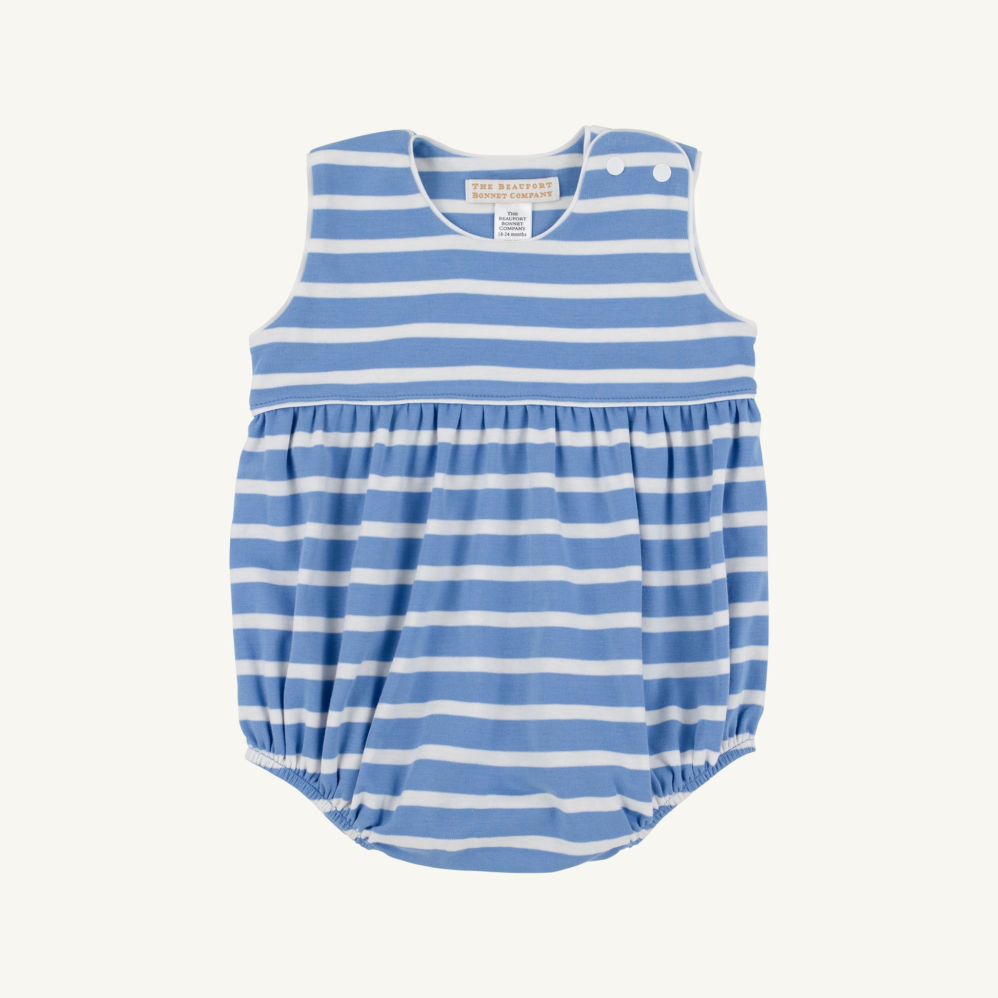 Barbados Blue Stripe and Worth Ave White Bartlett Bubble from The Beaufort Bonnet Company, featuring a stylish baby bubble outfit.