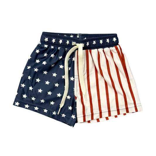 Babysprouts American flag boys' swim shorts with red, white, and blue patriotic design, featuring stars and stripes for summer swimming.