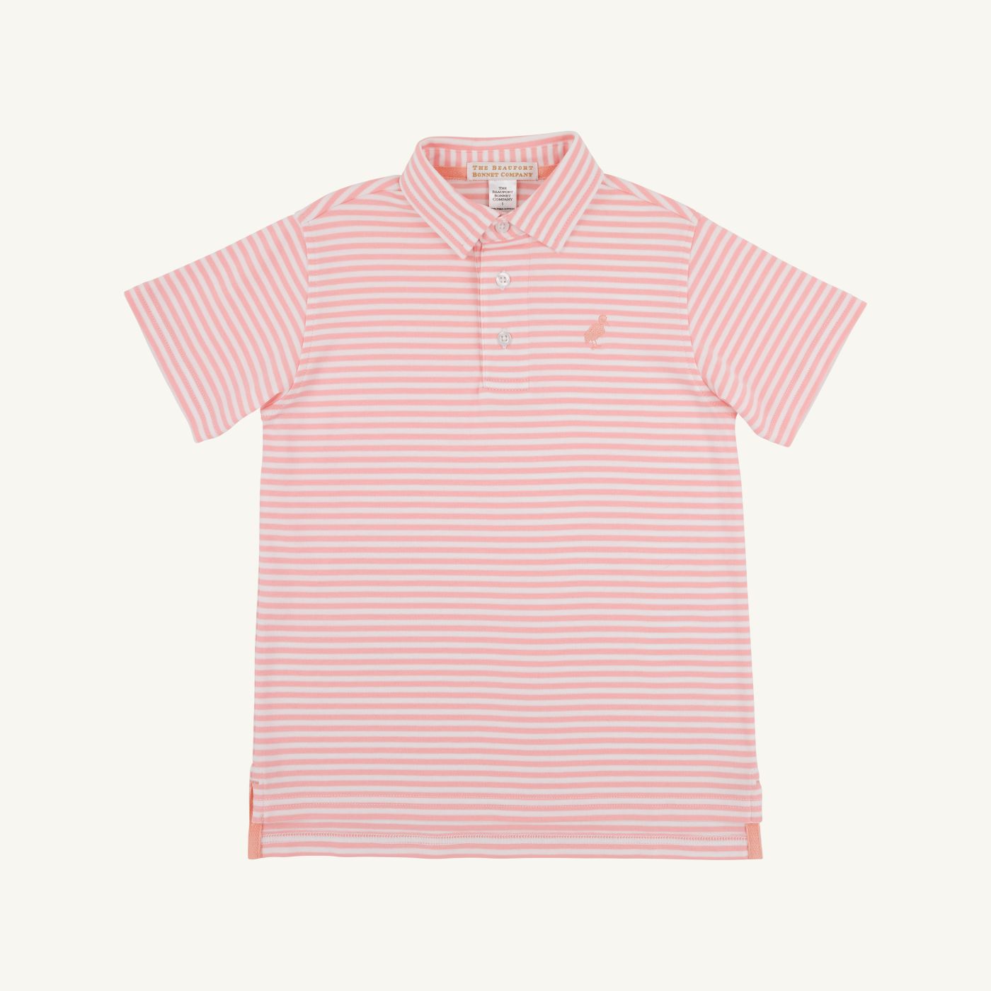 Prim and Proper Polo for kids by The Beaufort Bonnet Company, featuring salmon stripe and peach pompano design.