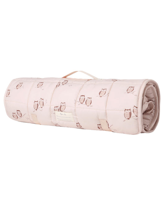 Rylee & Cru Owls Nap Mat with colorful owl pattern, soft fabric, and adjustable straps for comfortable naps.