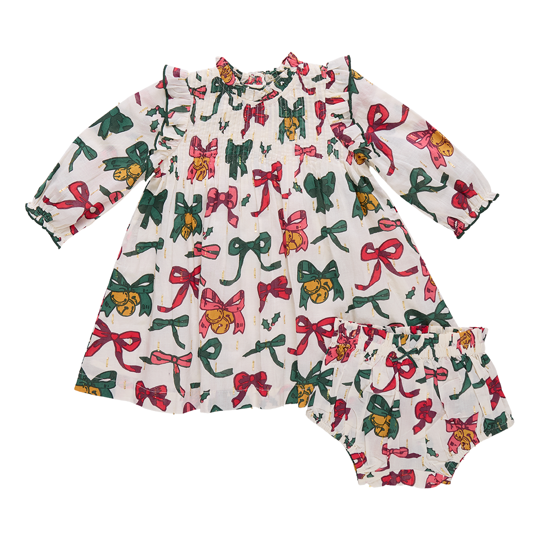 Christmas Bows and Bells Baby Girls Jaipur Dress Set
