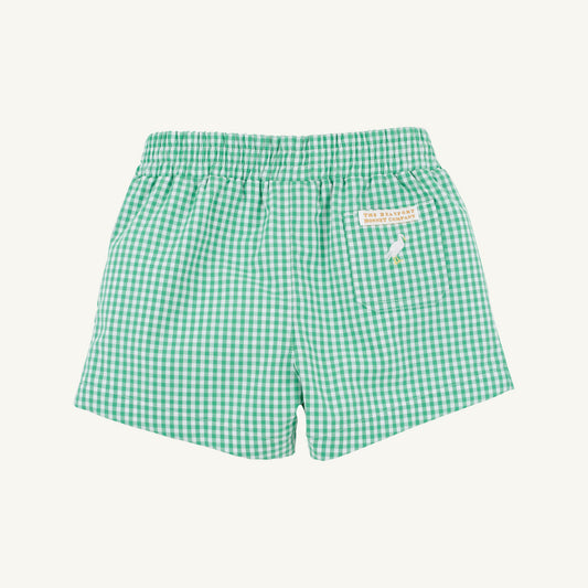 Gibson Island Green Mini Gingham Sheffield Shorts by The Beaufort Bonnet Company, featuring a stylish gingham pattern and tailored fit.