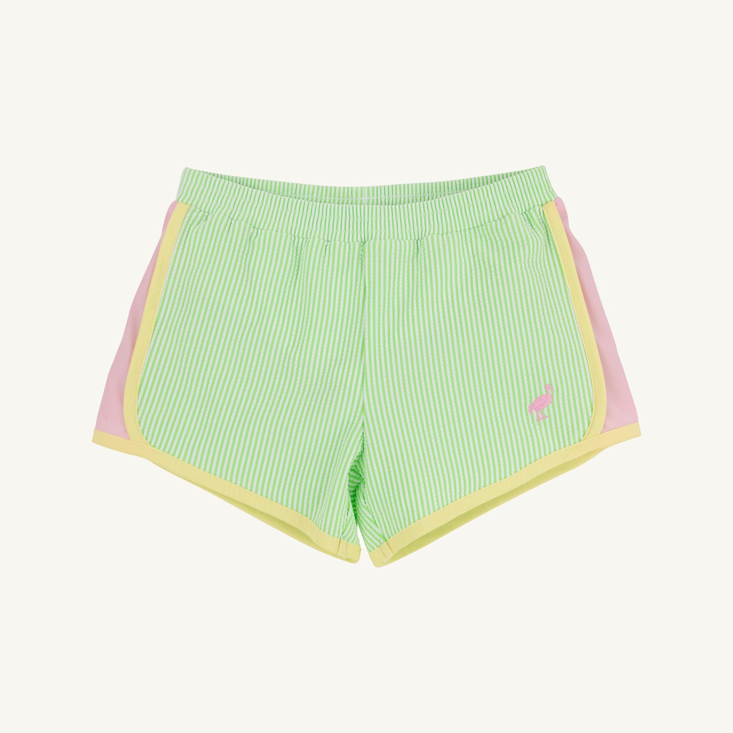Lexington Lime Stripe and Pier Party Pink PrepleticTM Shimmy Shake Shorts by The Beaufort Bonnet Company, seersucker fabric, close-up view