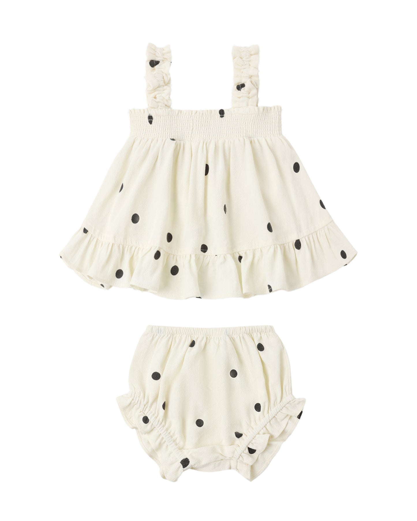 Rylee & Cru Polka Dot Lala set featuring a cute polka dot dress with ruffled sleeves and matching bloomers for babies.