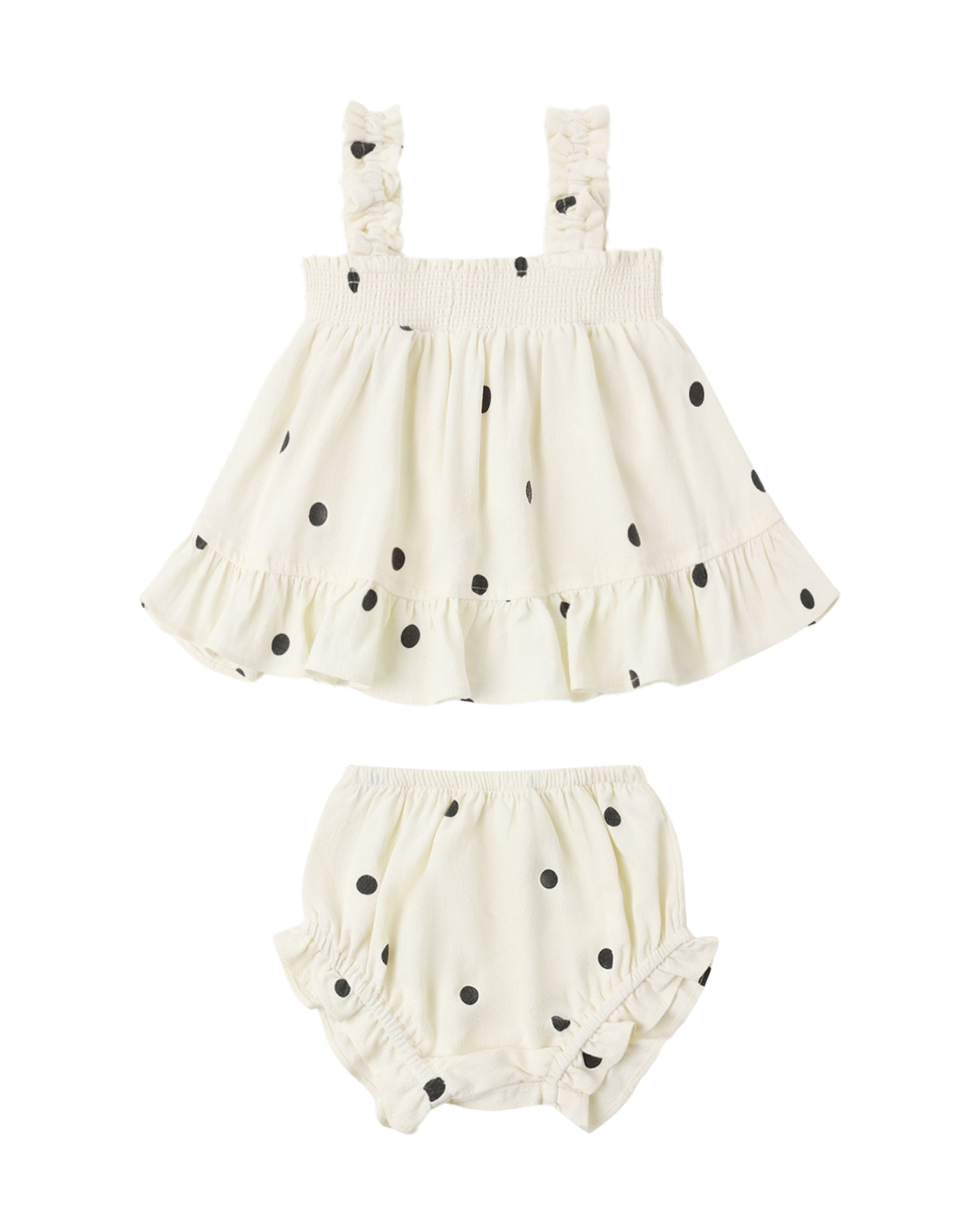 Rylee & Cru Polka Dot Lala set featuring a cute polka dot dress with ruffled sleeves and matching bloomers for babies.