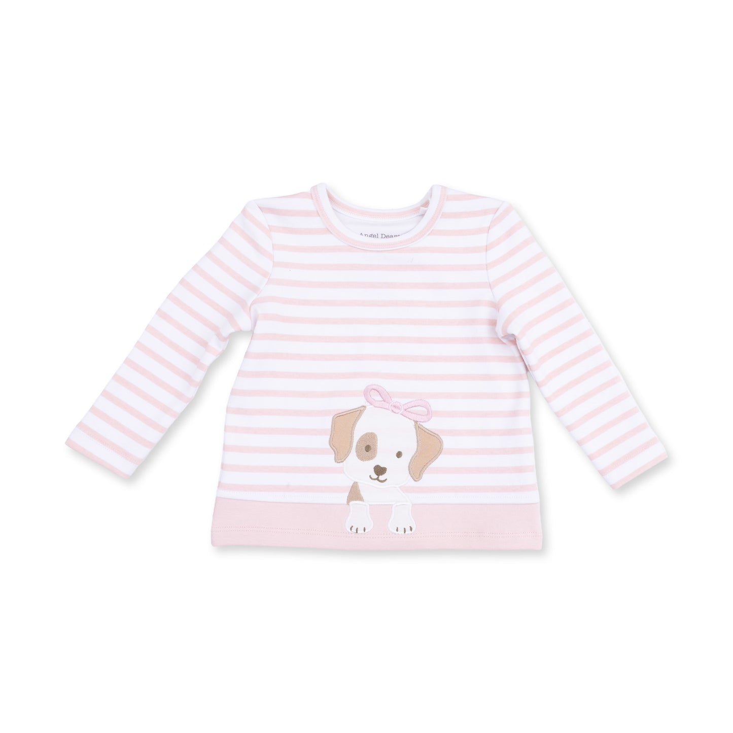 Angel Dear Stripe Puppy Applique long-sleeve shirt featuring cute puppy applique, soft fabric, and classic stripe design for kids.