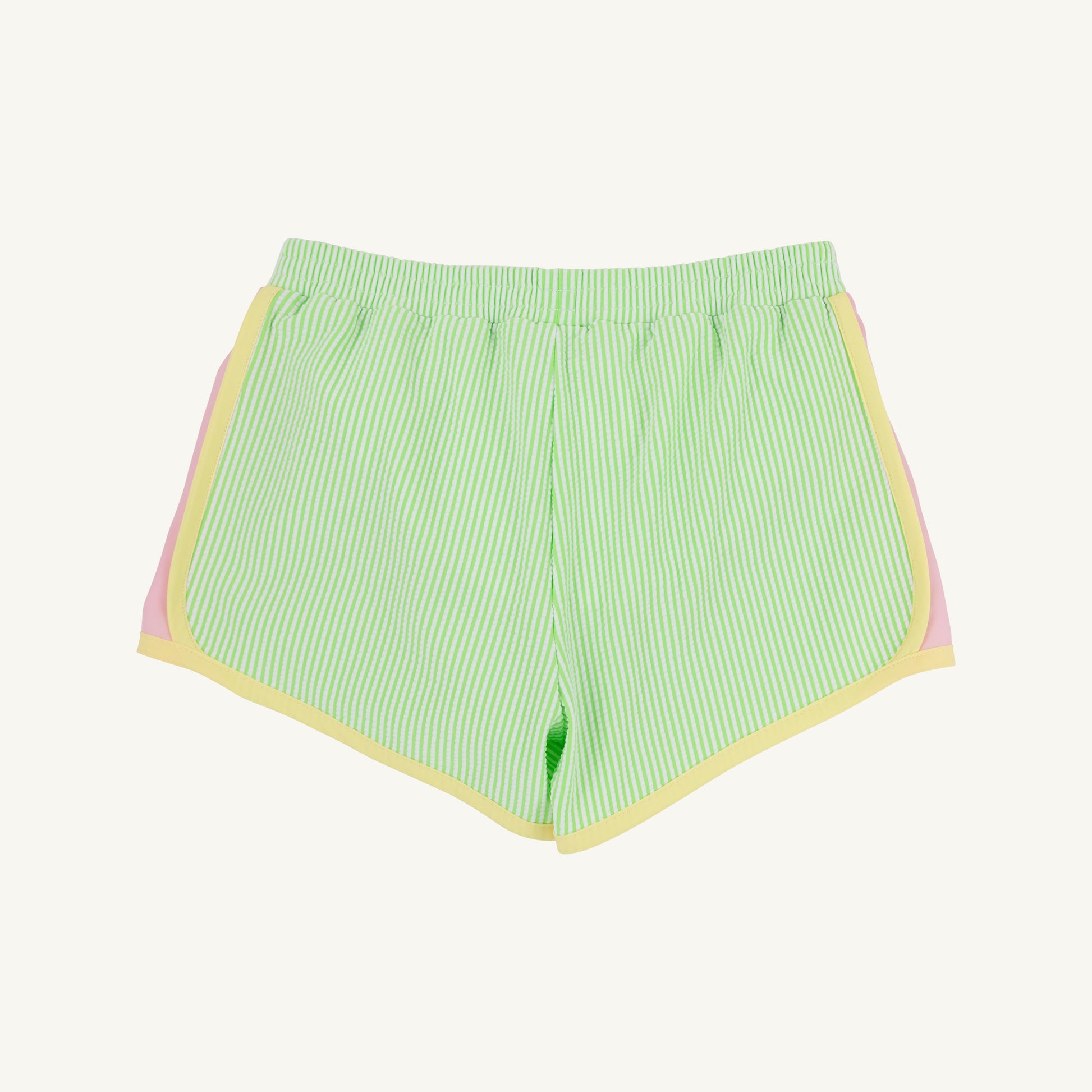 The Beaufort Bonnet Company Lexington Lime Stripe and Pier Party Pink PrepleticTM Shimmy Shake Shorts in seersucker fabric.