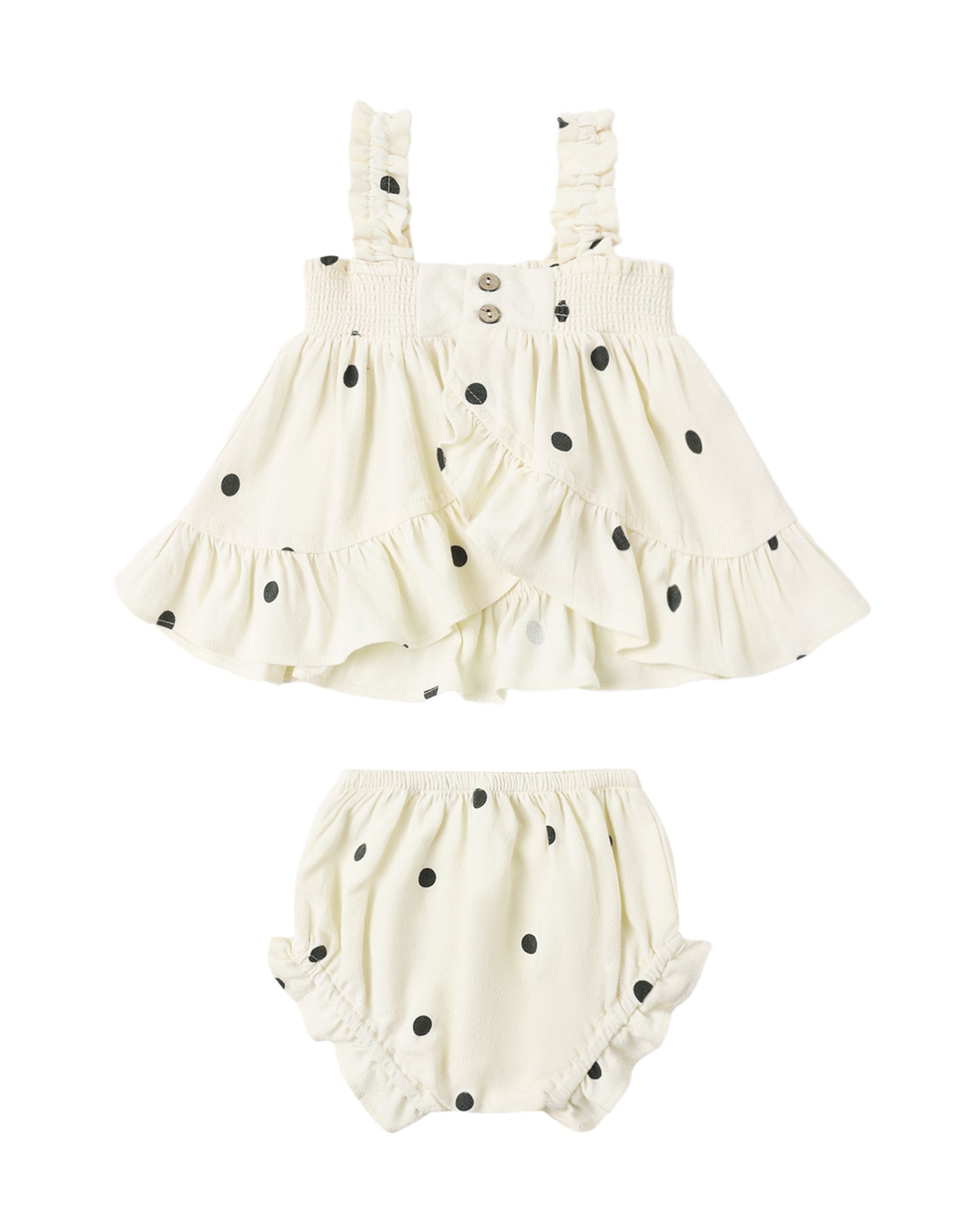 Rylee & Cru Polka Dot Lala Set for kids, featuring a playful polka dot pattern on a matching top and bottom outfit.