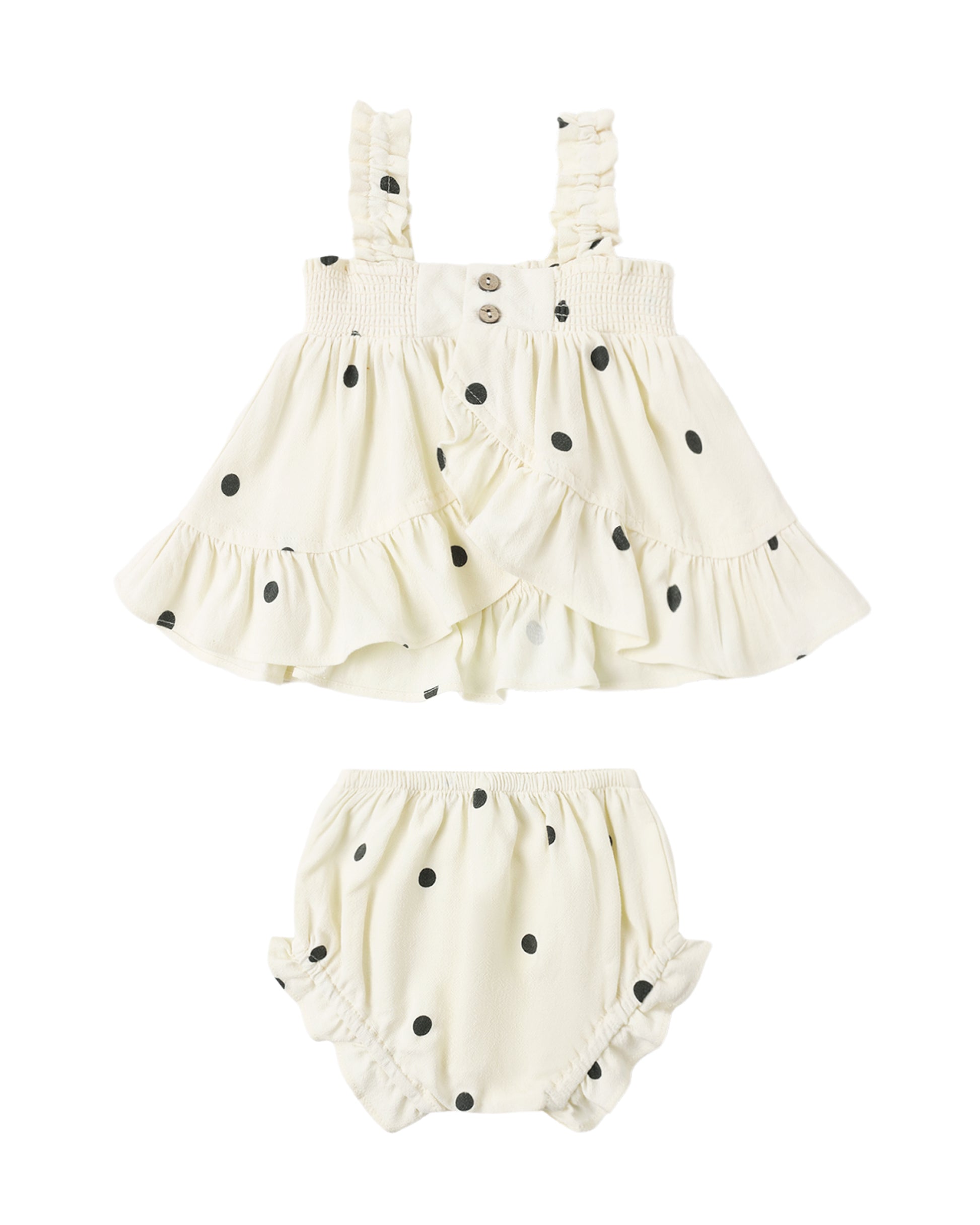 Rylee & Cru Polka Dot Lala Set for kids, featuring a playful polka dot pattern on a matching top and bottom outfit.