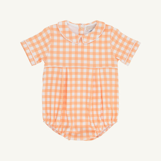 The Beaufort Bonnet Company Seashore Sherbet Gingham and Worth Ave White Bradford Bubble baby outfit on a hanger.
