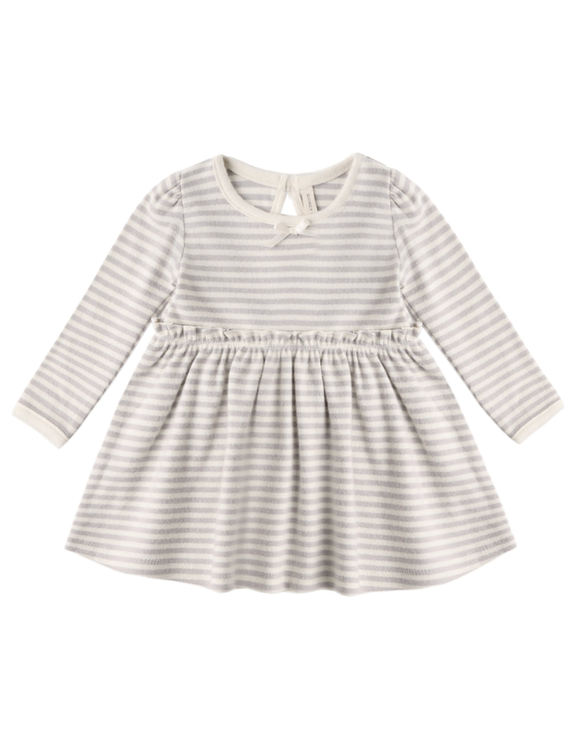 Quincy Mae Fog Stripe Alda Dress for toddlers, featuring a soft fabric with blue and white stripe pattern, front button closure.