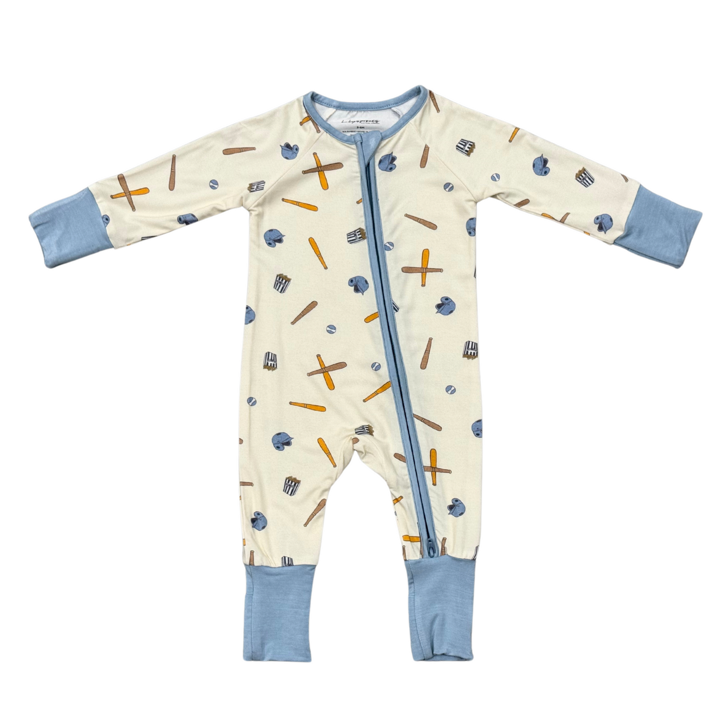 Baby's baseball long sleeve zip romper by Babysprouts with navy and white striped design, featuring a front zipper and comfortable fit.