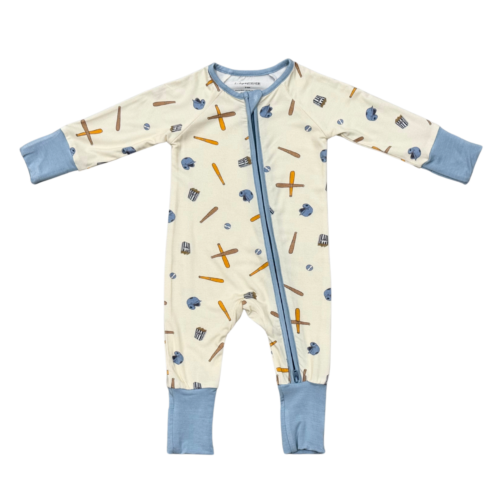 Baby's baseball long sleeve zip romper by Babysprouts with navy and white striped design, featuring a front zipper and comfortable fit.