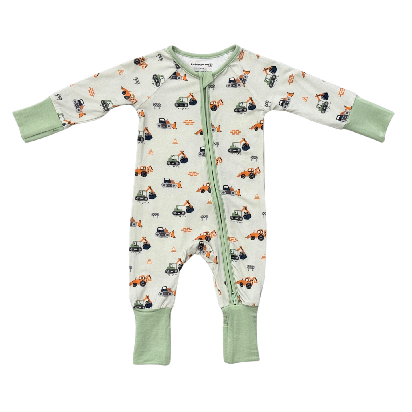 Babysprouts construction long sleeve zip romper displayed on a child, featuring durable fabric and a front zipper for easy dressing.