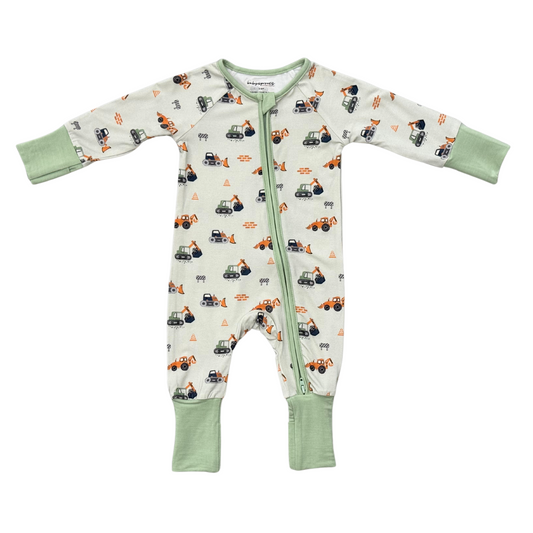 Babysprouts construction long sleeve zip romper displayed on a child, featuring durable fabric and a front zipper for easy dressing.