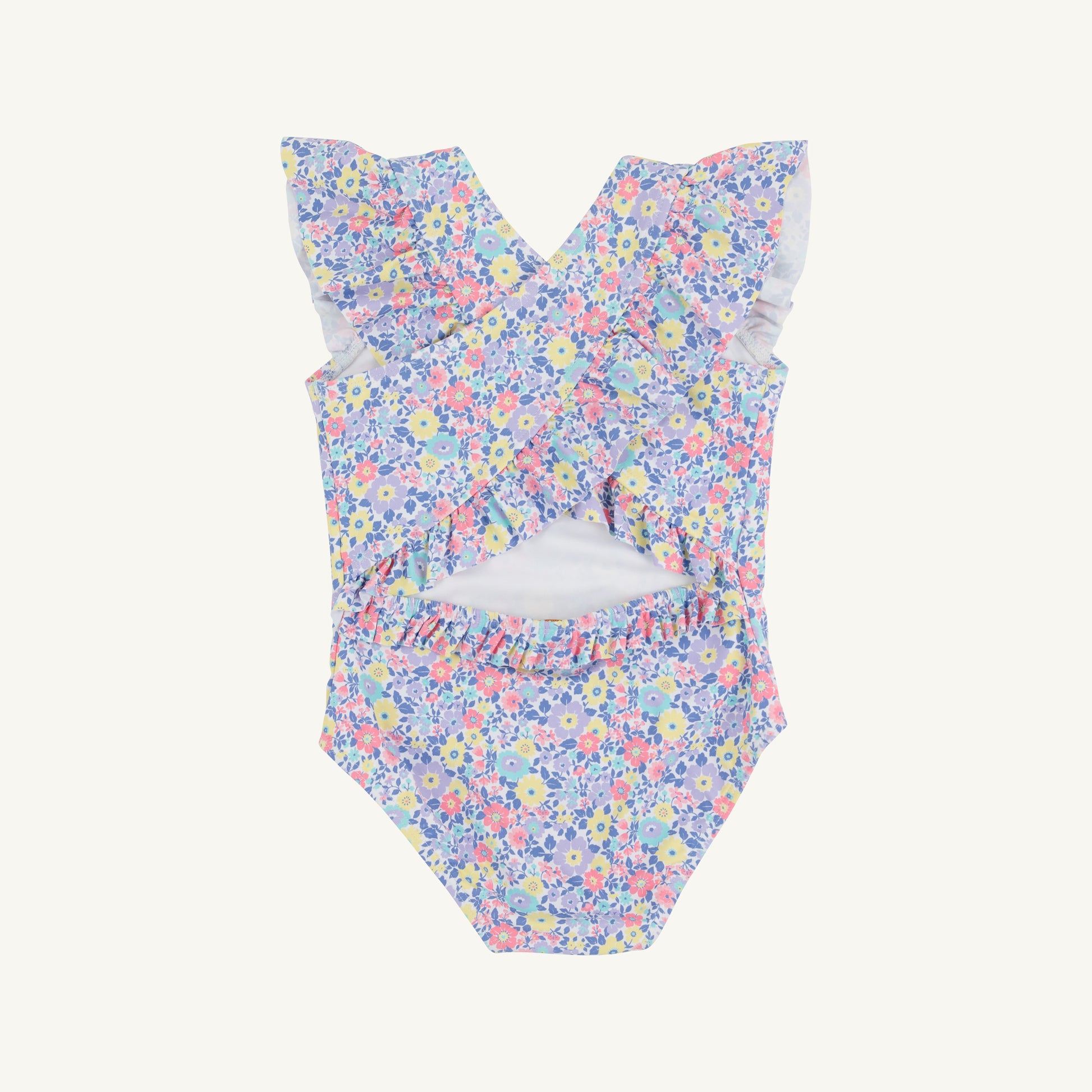 Briar Patch Petals Sadie swimsuit by The Beaufort Bonnet Company featuring colorful petal pattern and ruffled straps for girls.