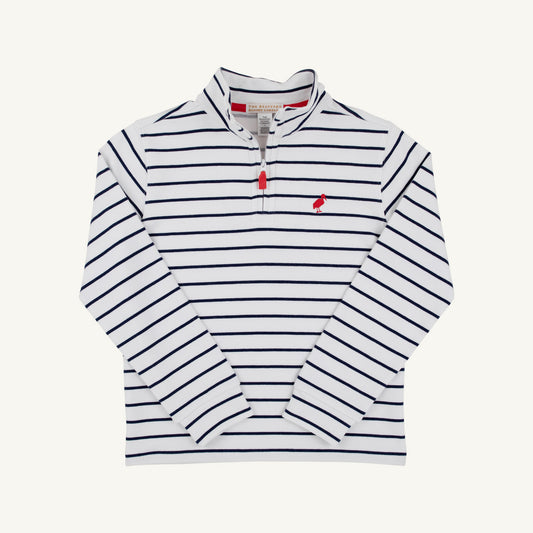 The Beaufort Bonnet Company Worth Ave half-zip sweater with white, Nantucket navy, and Richmond red stripes, displayed on a hanger.