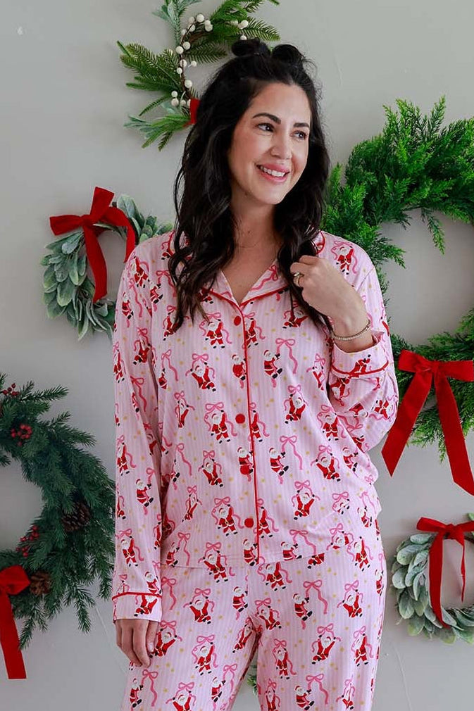 Women's Jolly Ribbons Christmas two-piece flare lounge set by Caden Lane, featuring festive red and green ribbon patterns.