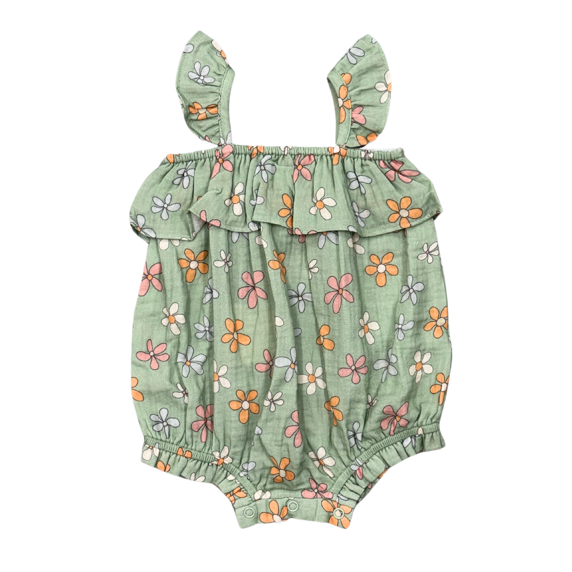 Baby girl wearing Babysprouts sketched daisy gauze bubble romper with ruffled sleeves and a soft, breathable fabric.