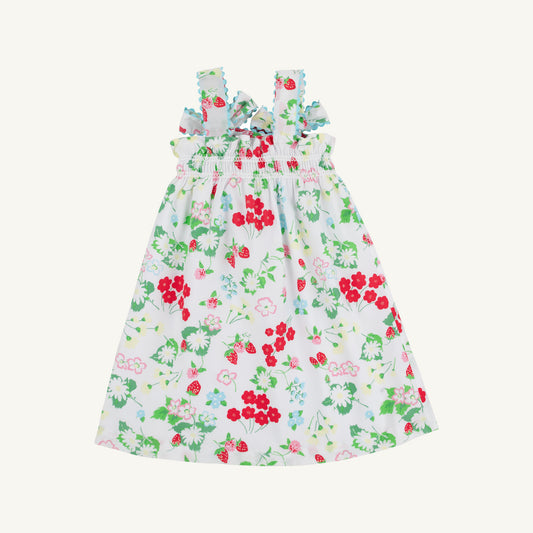 The Beaufort Bonnet Company Berry Sweet Blue Laineys Little Dress with a floral pattern and soft fabric for children.