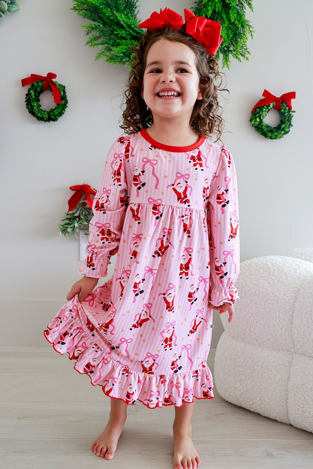 Caden Lane Jolly Ribbons Christmas nightgown with festive red and green ribbon pattern, cozy and comfortable for holiday sleep.