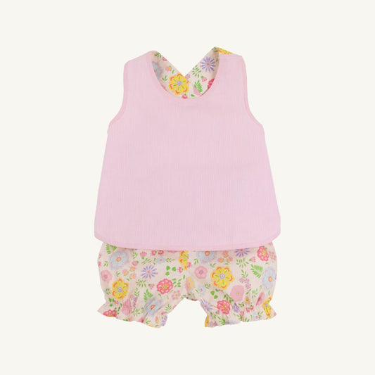 Boca Grande Begonia Betsey Bow Back Set by The Beaufort Bonnet Company features a charming baby outfit with bow details and floral patterns.