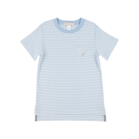 Beale Street Blue Stripe Carter Crewneck by The Beaufort Bonnet Company, featuring blue and white striped knit fabric.
