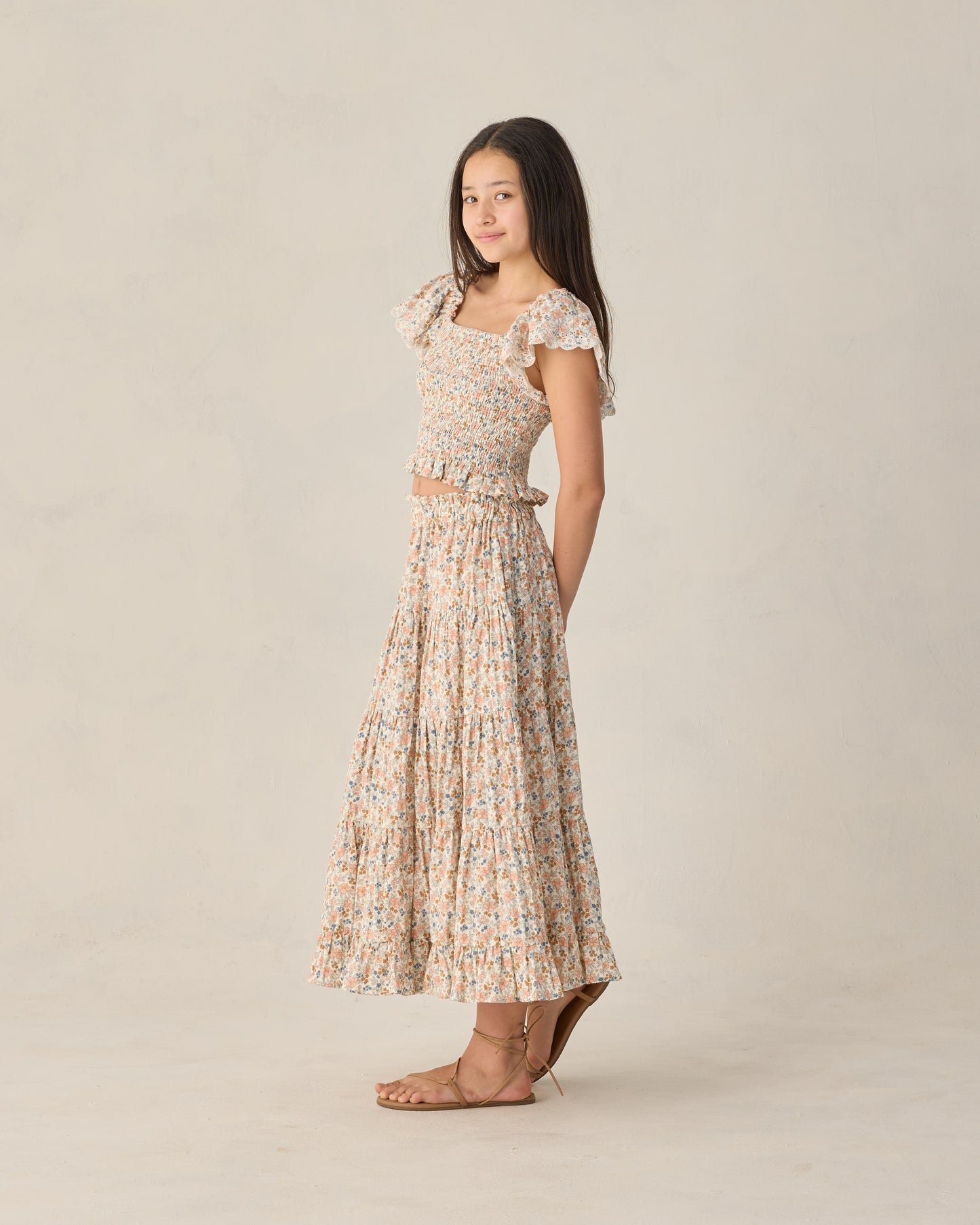 Rylee & Cru Teen Flower Fields Zayla Top with colorful floral pattern, lightweight fabric, and relaxed fit.