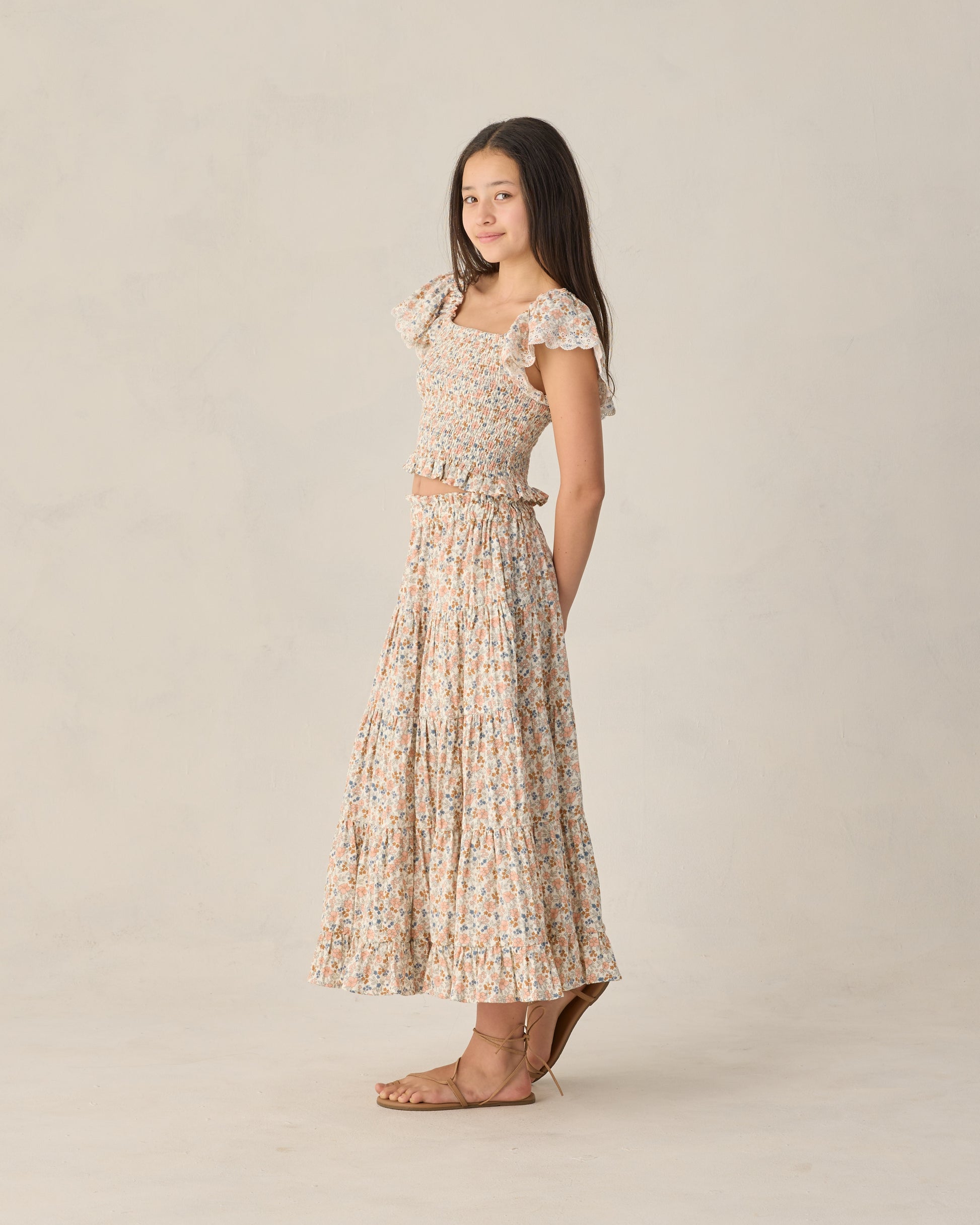 Rylee & Cru Teen Flower Fields Zayla Top with colorful floral pattern, lightweight fabric, and relaxed fit.